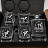 Personalized lineman whiskey decanter set with engraved decanter and four matching rocks glasses in gift box