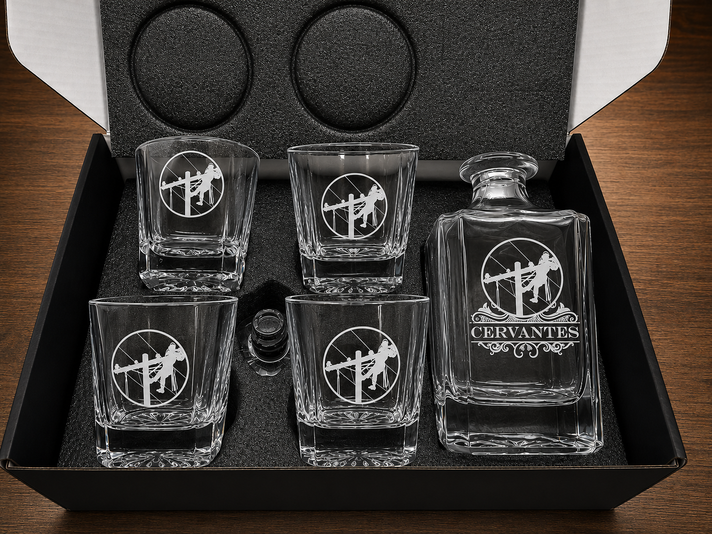 Personalized lineman whiskey decanter set with engraved decanter and four matching rocks glasses in gift box