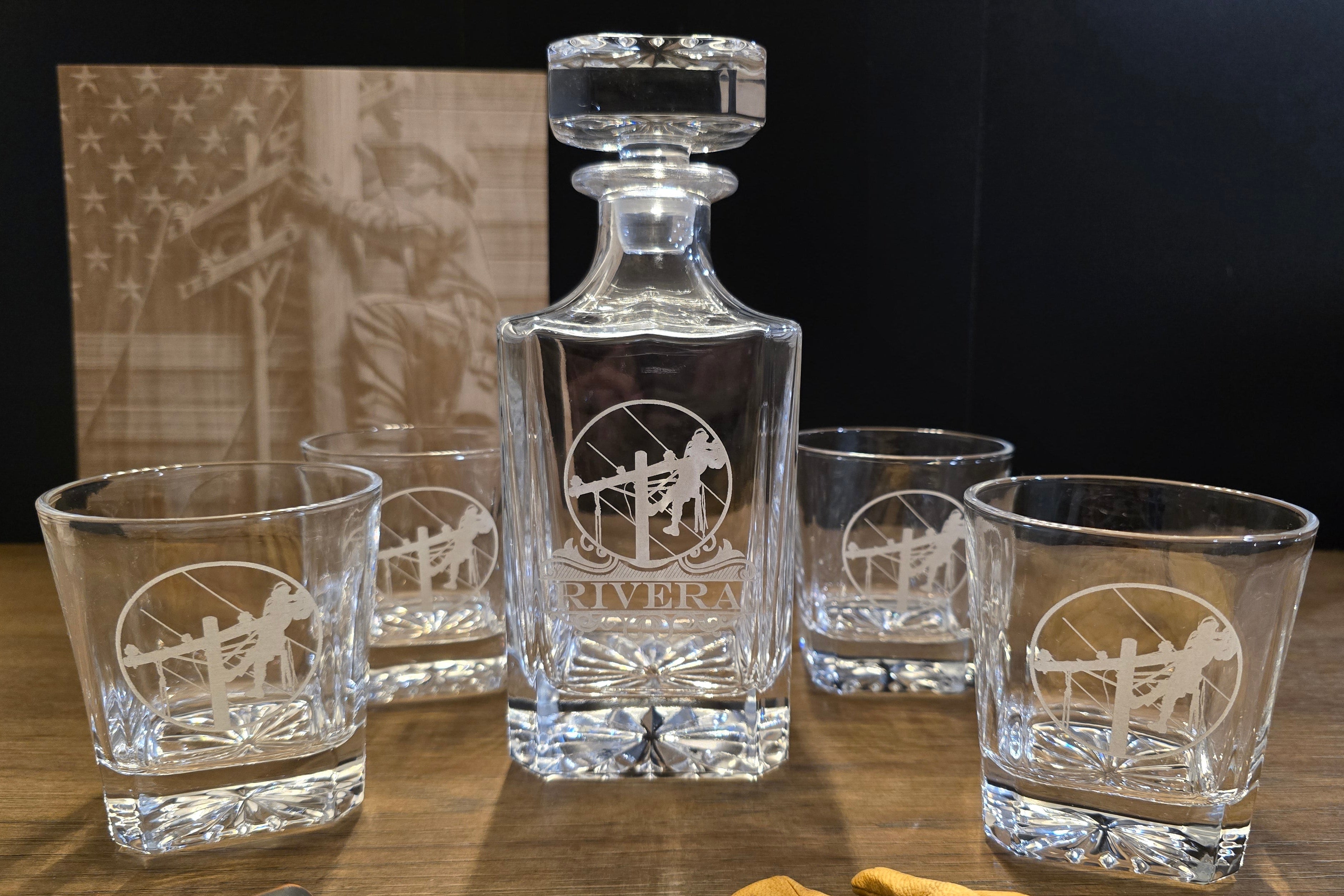 Real personalized lineman whiskey decanter set with engraved decanter and four matching rocks glasses