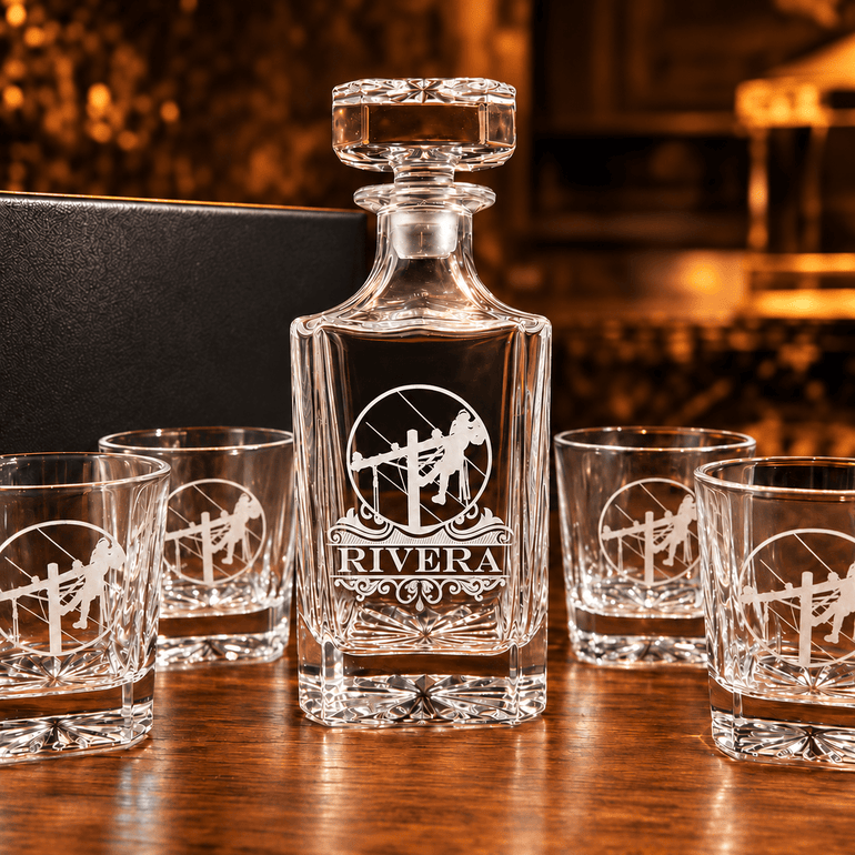 Personalized lineman whiskey decanter engraved with the Rivera name and four standard Lineman emblem rocks glasses