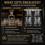 What gets engraved on the personalized lineman decanter set and four rocks glasses options