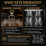 What gets engraved on the personalized lineman decanter set and four rocks glasses options