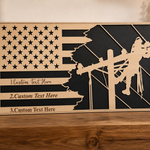 Personalized lineman flag plaque with custom text, wood and black design, displayed on a warm shelf