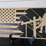 Personalized lineman flag plaque with custom text, wood and black design, displayed on a warm shelf