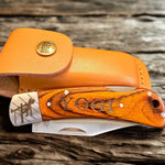 Personalized lineman folding knife with engraved wooden handle and leather sheath