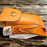 Personalized lineman folding knife with engraved wooden handle and leather sheath