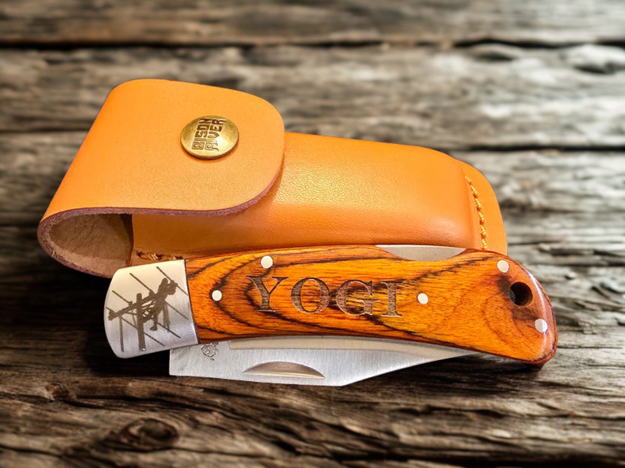Personalized lineman folding knife with engraved wooden handle and leather sheath
