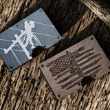 Personalized lineman wallet and money clip in black metal and walnut with engraved electrical lineworker designs