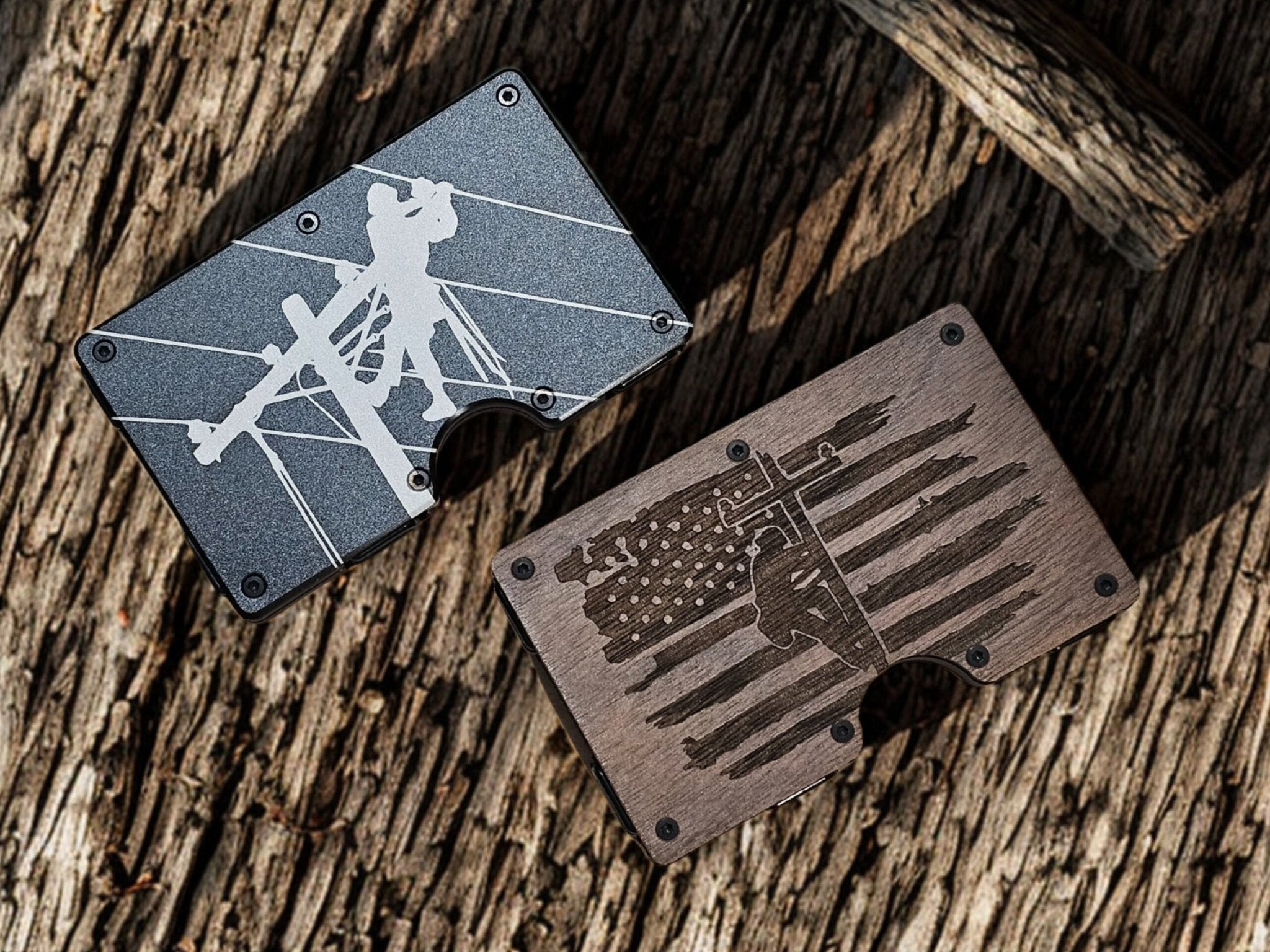 Personalized lineman wallet and money clip in black metal and walnut with engraved electrical lineworker designs