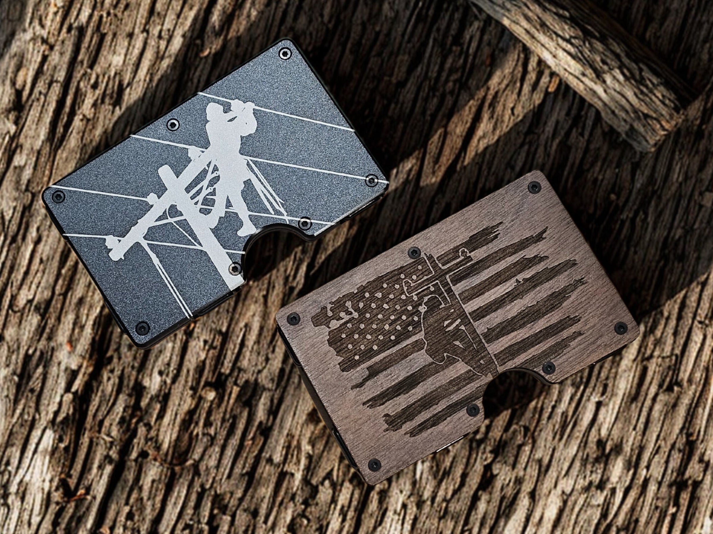 Personalized lineman wallet and money clip in black metal and walnut with engraved electrical lineworker designs