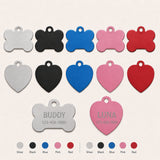 Personalized pet ID tags in bone and heart shapes with multiple color options
