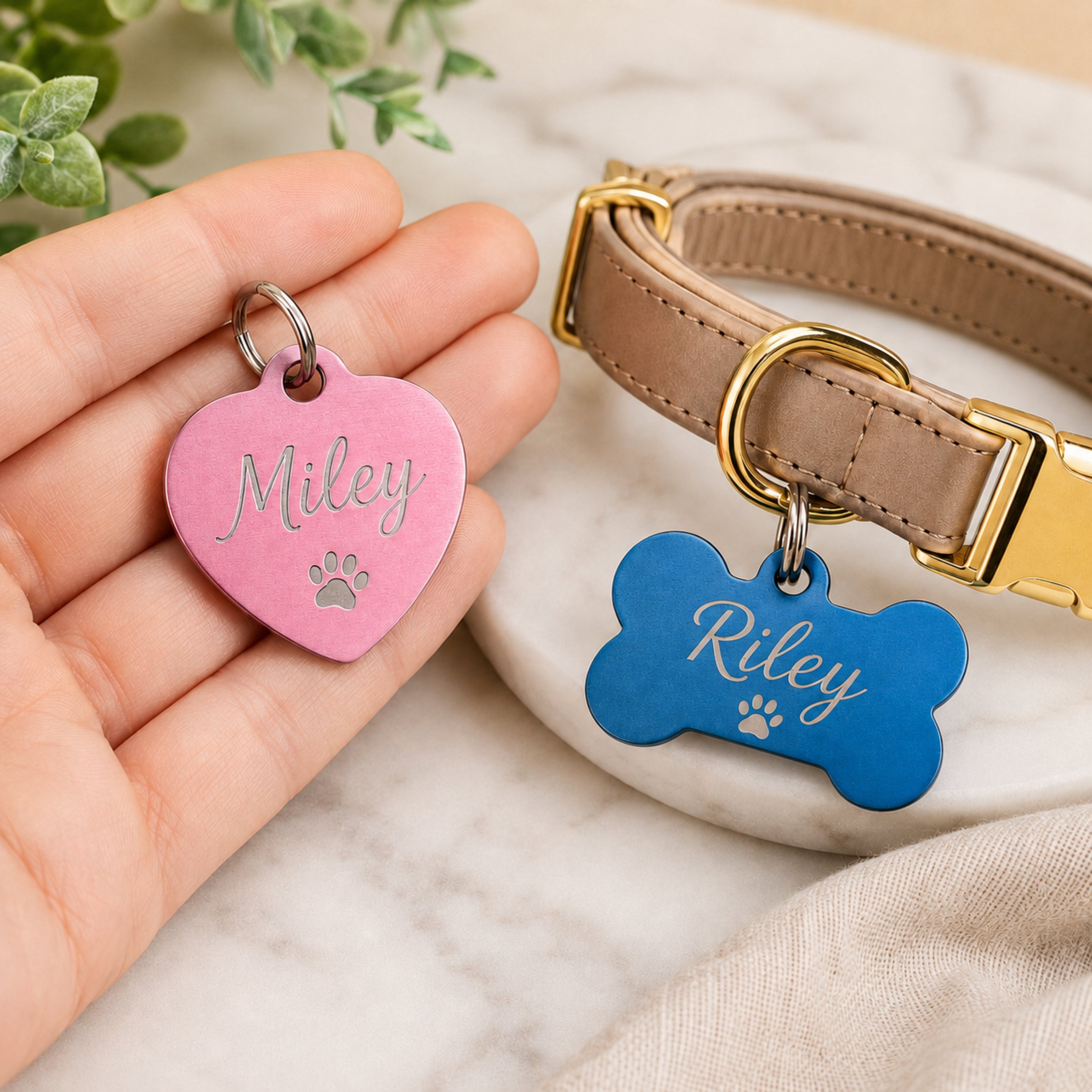 Personalized pet ID tags shown in hand for size reference