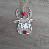 Whitewash personalized reindeer Christmas ornament with white name lettering and red glitter nose
