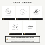 Choose-your-design chart with five wedding monogram styles and an upload-your-own artwork option