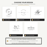 Choose-your-design chart with five wedding monogram styles and an upload-your-own artwork option