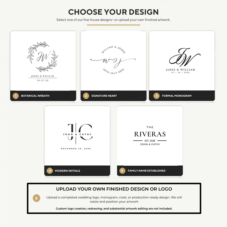 Choose-your-design chart with five wedding monogram styles and an upload-your-own artwork option