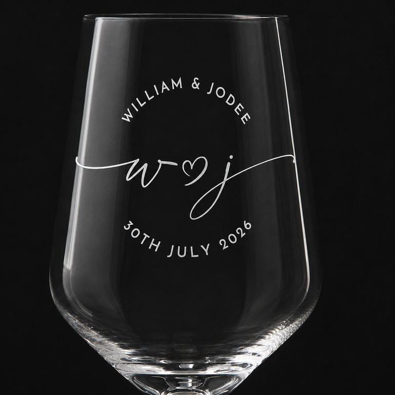Close-up of permanent engraving with couple names, initials, and wedding date
