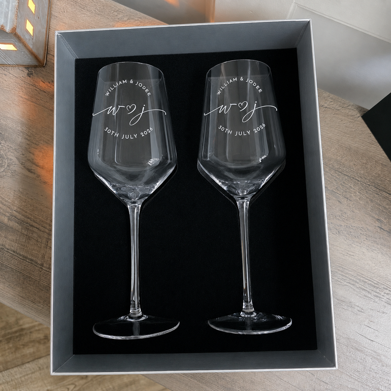Top view of two personalized wine glasses arranged inside the presentation box