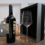 Two personalized wine glasses with a wine bottle and presentation box; wine not included