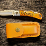 Personalized wood handle lineman knife with tan leather sheath