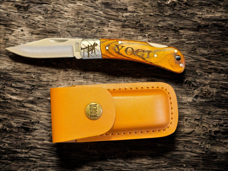 Personalized wood handle lineman knife with tan leather sheath