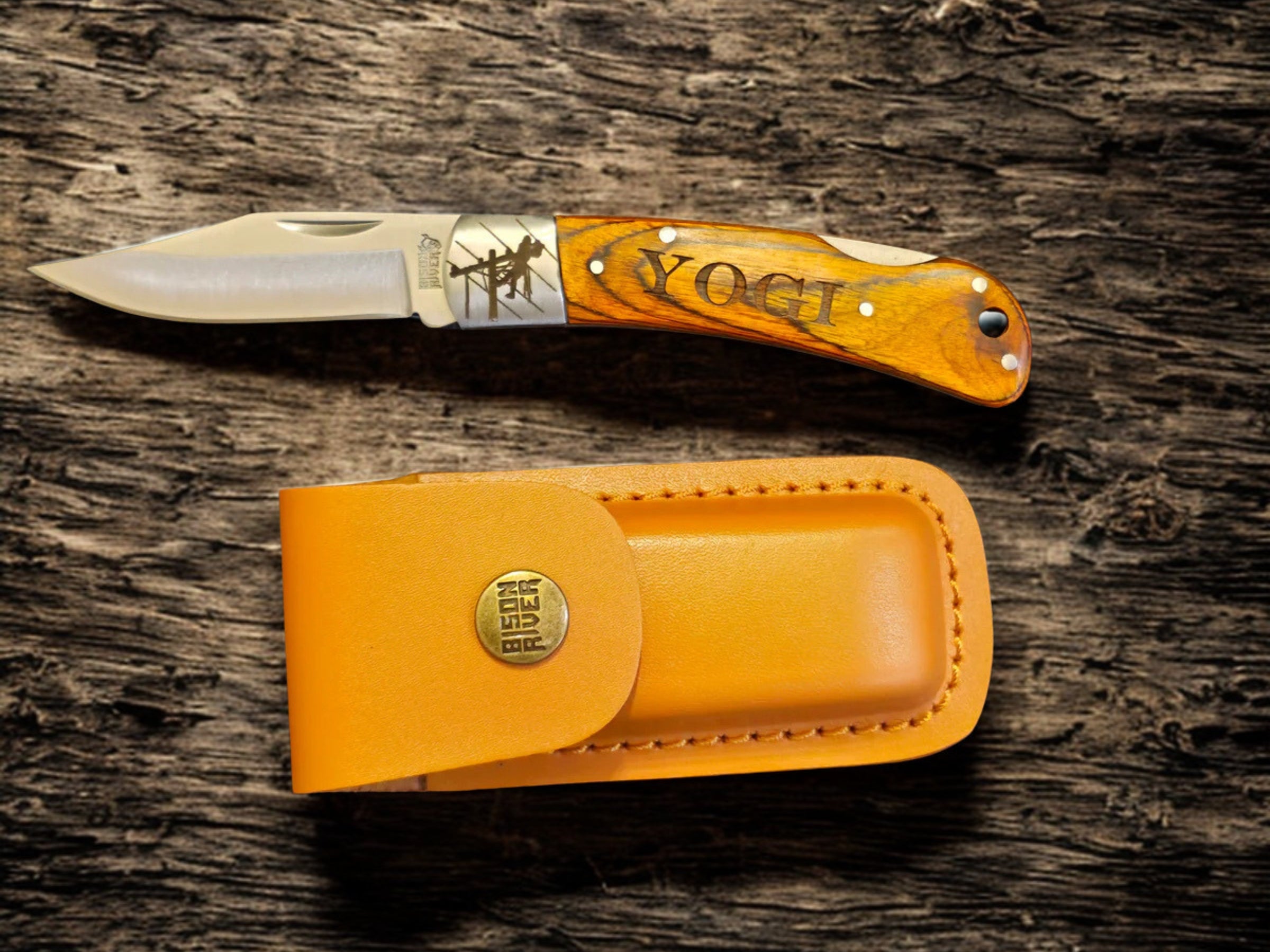 Personalized wood handle lineman knife with tan leather sheath