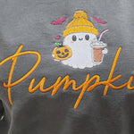 Video showing the Pepper Comfort Colors 1566 Pumpkin ghost embroidered sweatshirt