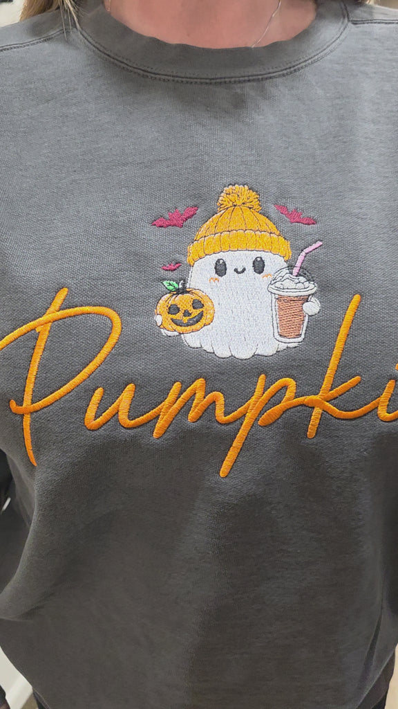 Video showing the Pepper Comfort Colors 1566 Pumpkin ghost embroidered sweatshirt