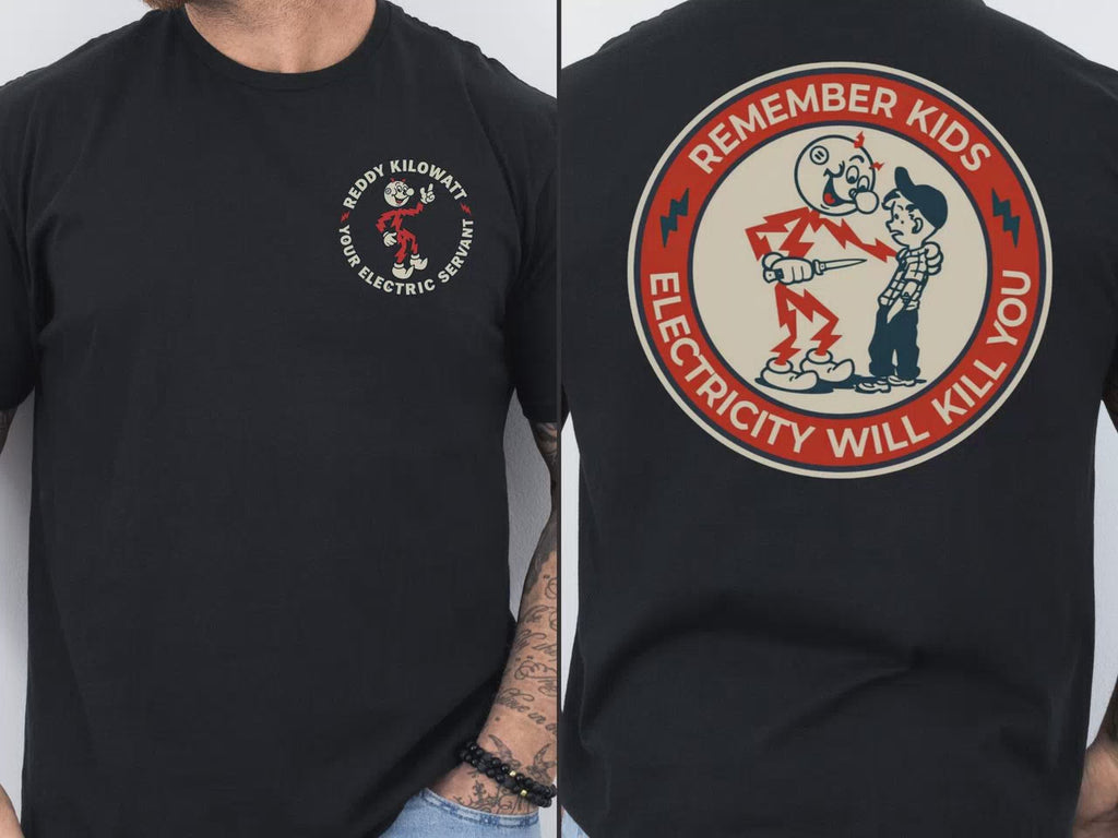 Black Reddy Kilowatt shirt with vintage electrical trade back print