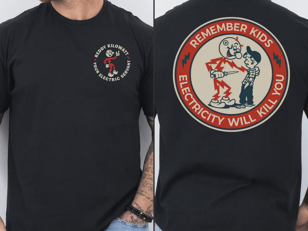 Black Reddy Kilowatt shirt with vintage electrical trade back print