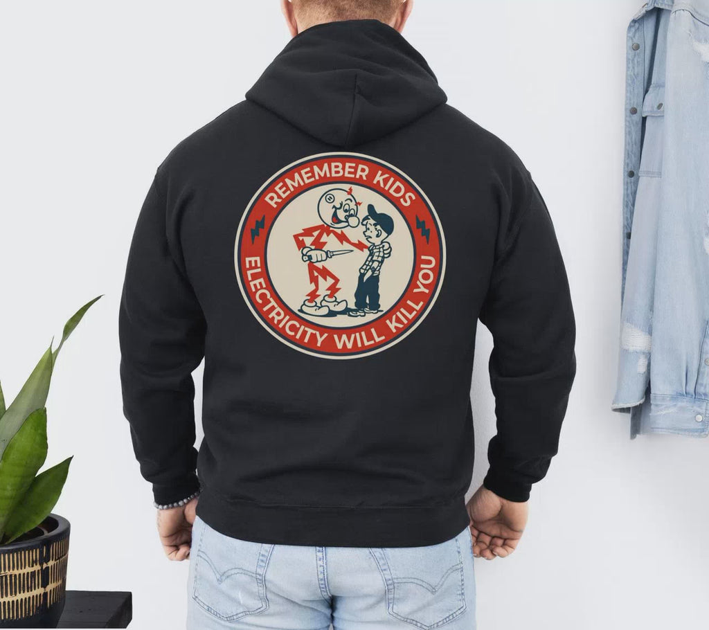 Black Reddy Kilowatt hoodie back print for electricians linemen and utility workers