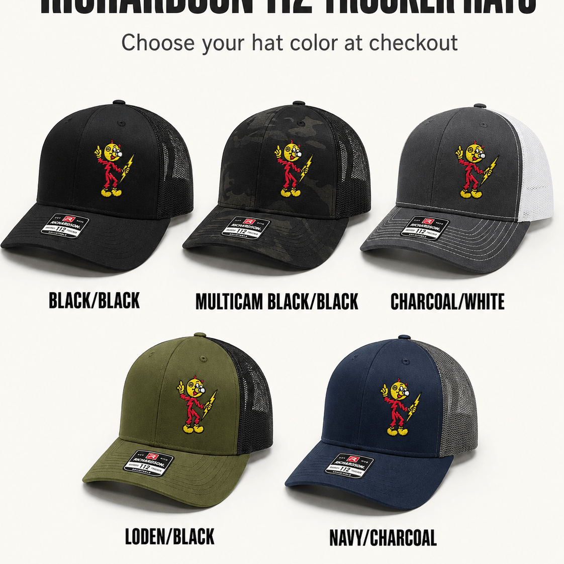 Five Reddy Kilowatt embroidered Richardson trucker hat colors: Black / Black, Multicam Black / Black, Charcoal / White, Loden / Black, and Navy / Charcoal