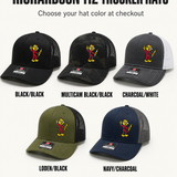 Five Reddy Kilowatt embroidered Richardson trucker hat colors: Black / Black, Multicam Black / Black, Charcoal / White, Loden / Black, and Navy / Charcoal
