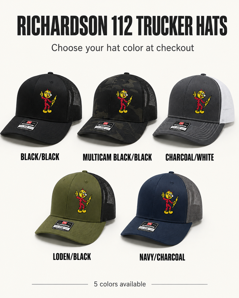 Five Reddy Kilowatt embroidered Richardson trucker hat colors: Black / Black, Multicam Black / Black, Charcoal / White, Loden / Black, and Navy / Charcoal