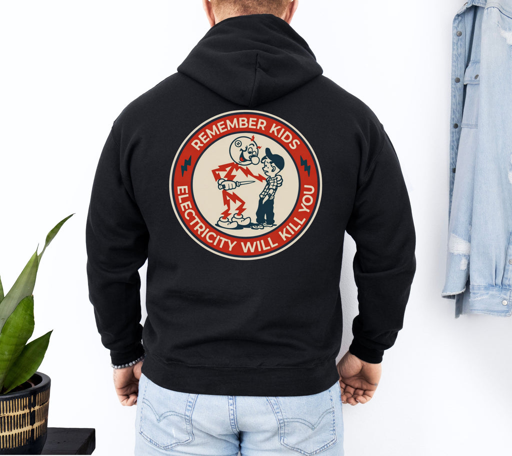 Black Reddy Kilowatt hoodie with large vintage electrical trade back graphic
