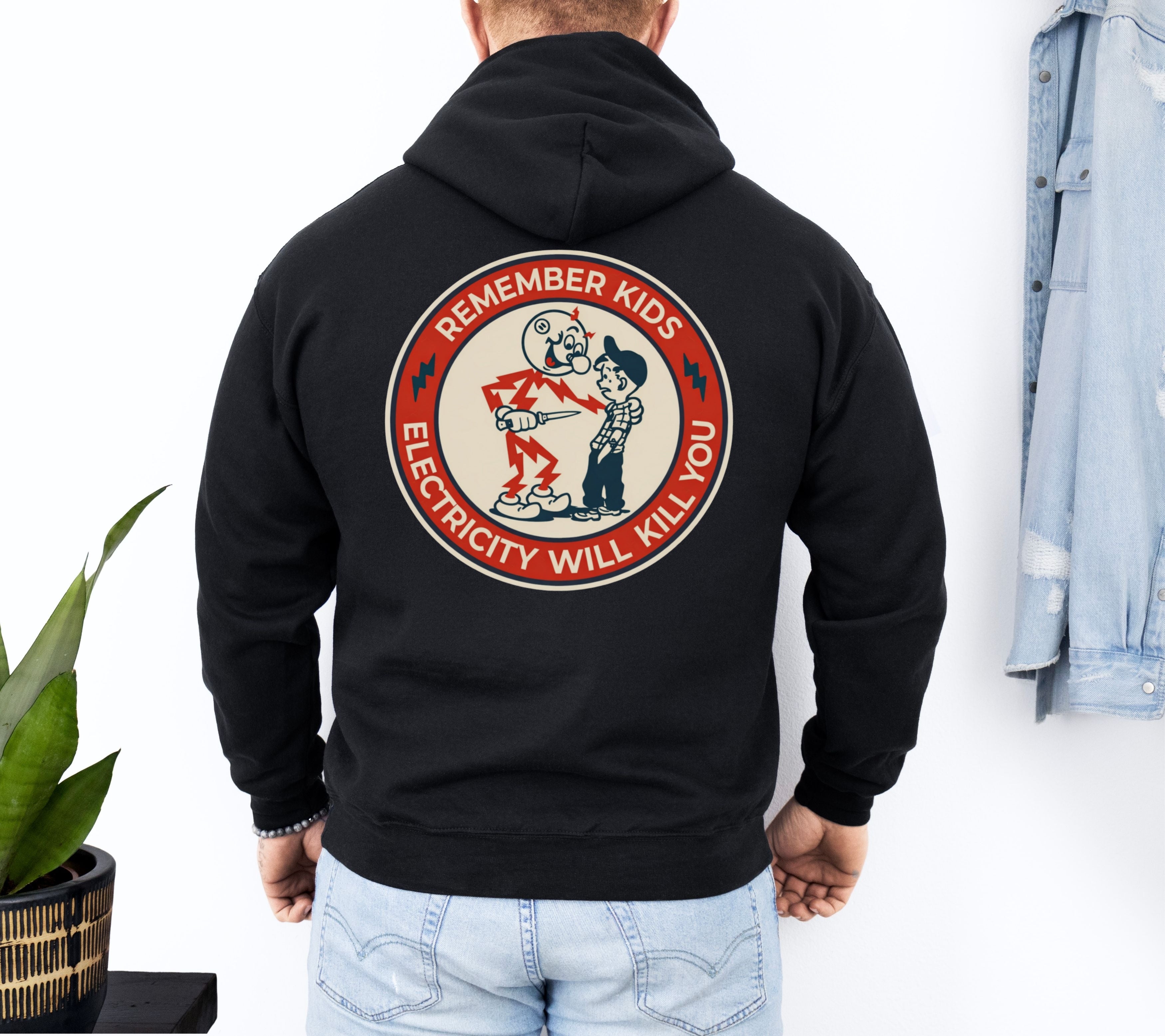 Black Reddy Kilowatt hoodie with large vintage electrical trade back graphic