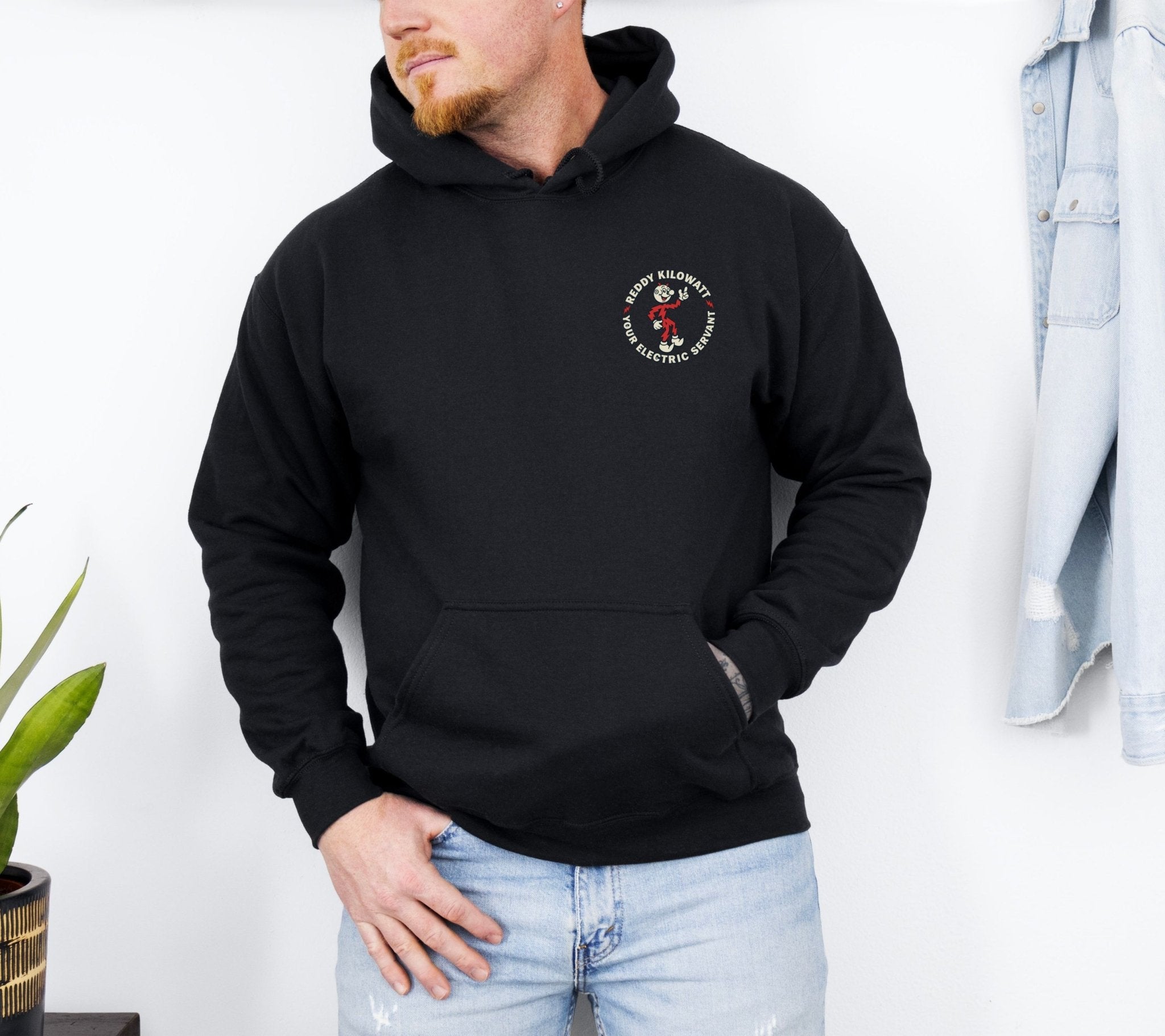 Black Reddy Kilowatt hoodie with small front chest electrical graphic