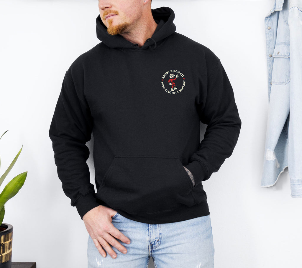 Black Reddy Kilowatt hoodie with small front chest electrical graphic