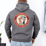 Charcoal Reddy Kilowatt hoodie with vintage electrician graphic on back