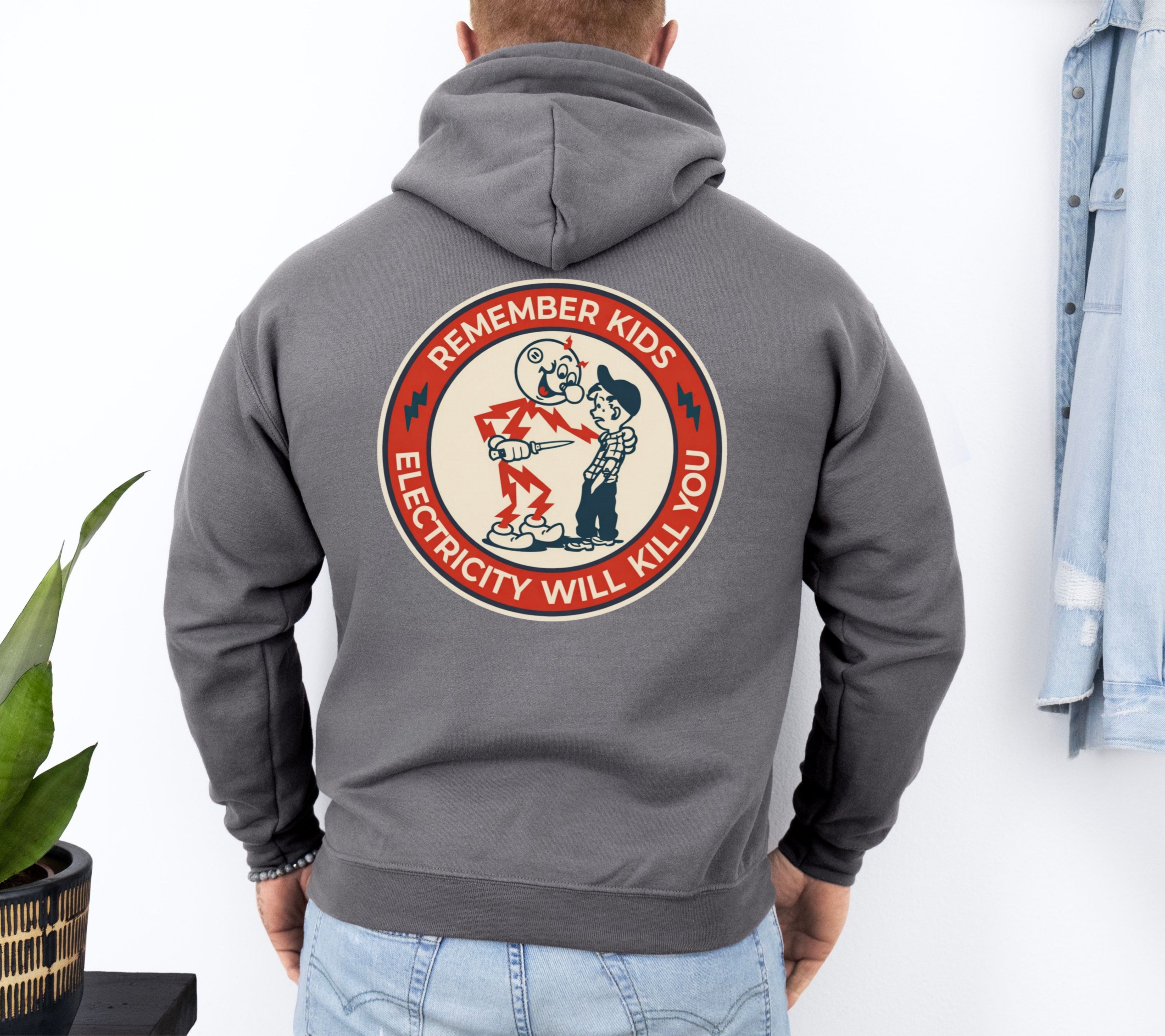 Charcoal Reddy Kilowatt hoodie with vintage electrician graphic on back
