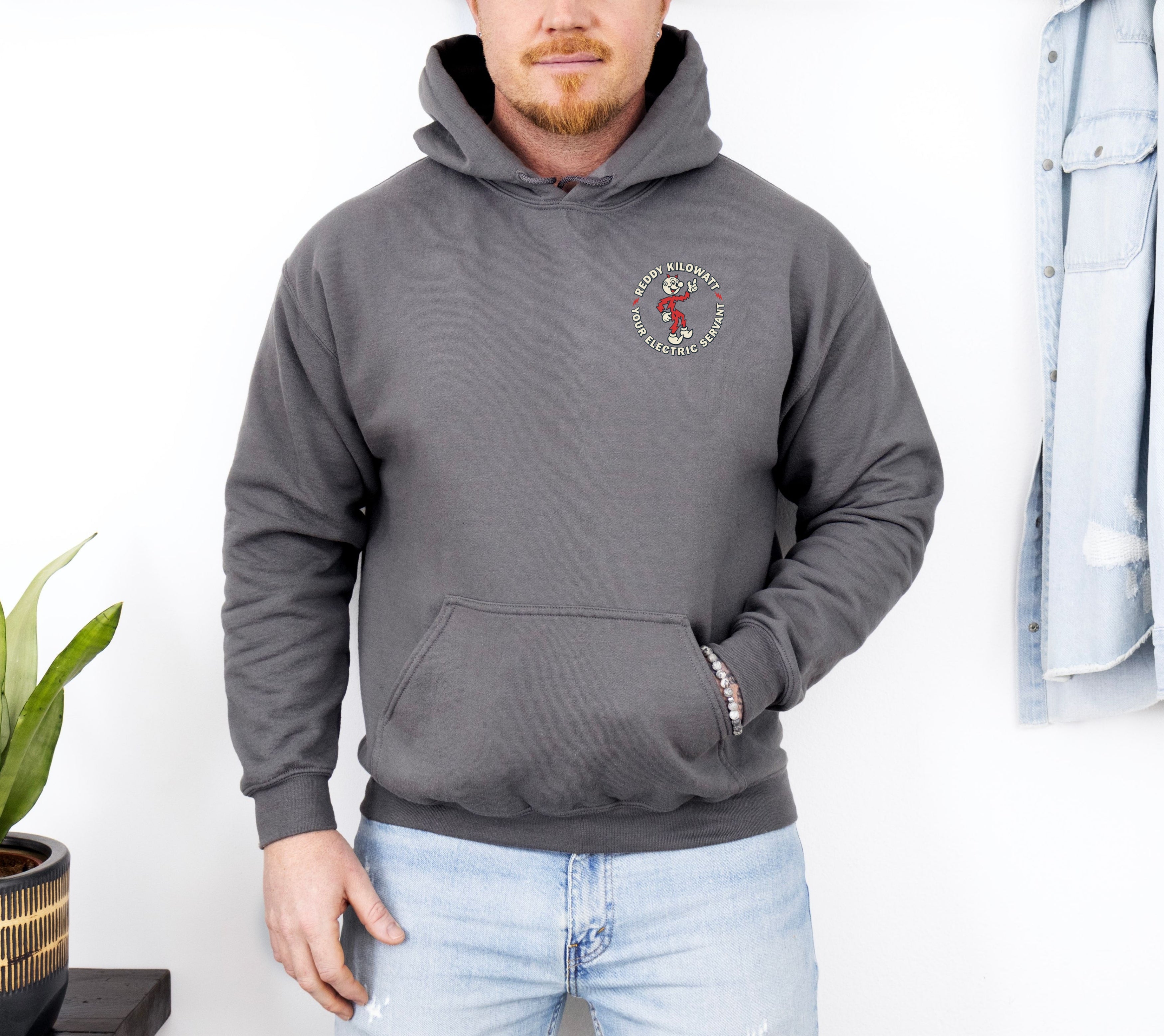 Charcoal Reddy Kilowatt hoodie with front chest logo for utility workers
