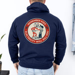 Navy Reddy Kilowatt hoodie with classic electrical trade back design
