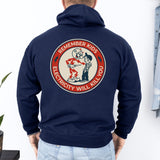 Navy Reddy Kilowatt hoodie with classic electrical trade back design