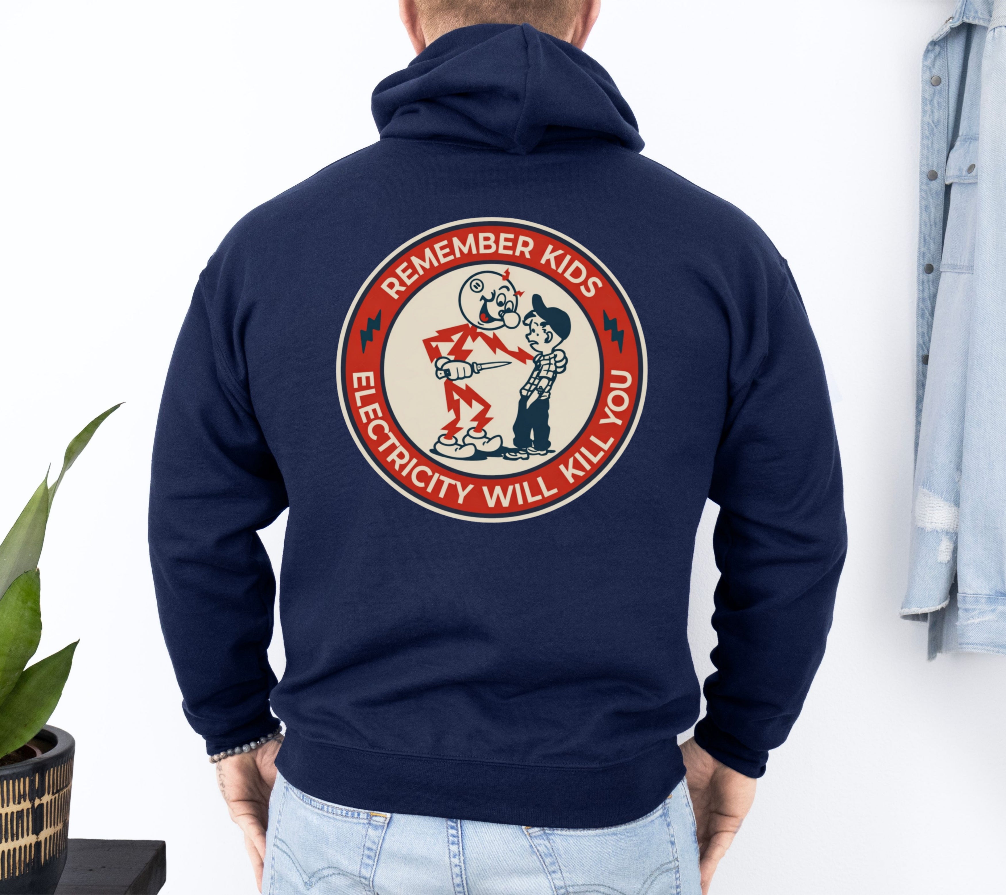 Navy Reddy Kilowatt hoodie with classic electrical trade back design