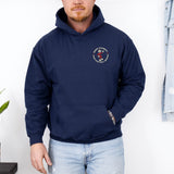 Navy Reddy Kilowatt hoodie with small front graphic for electricians and linemen