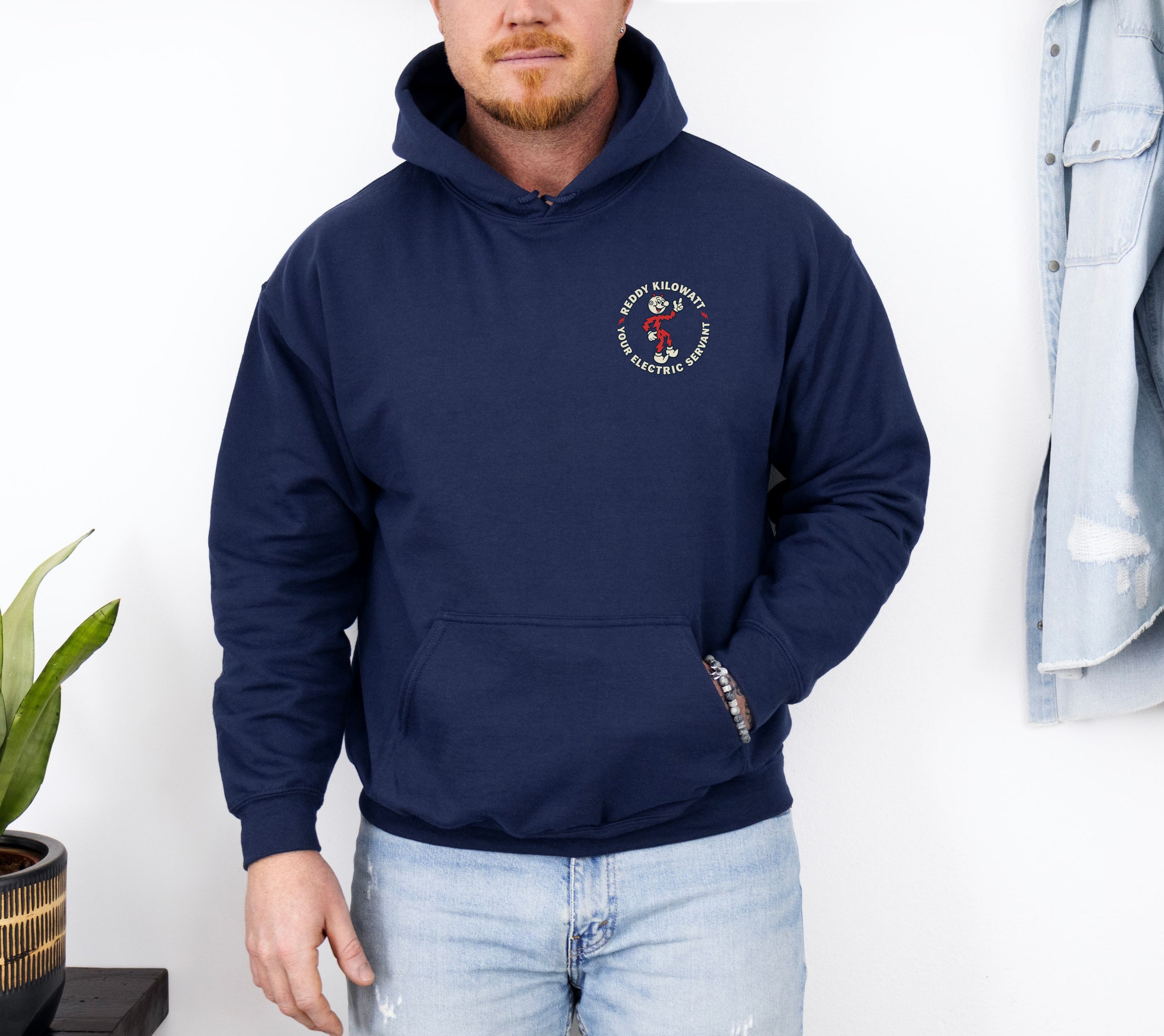 Navy Reddy Kilowatt hoodie with small front graphic for electricians and linemen