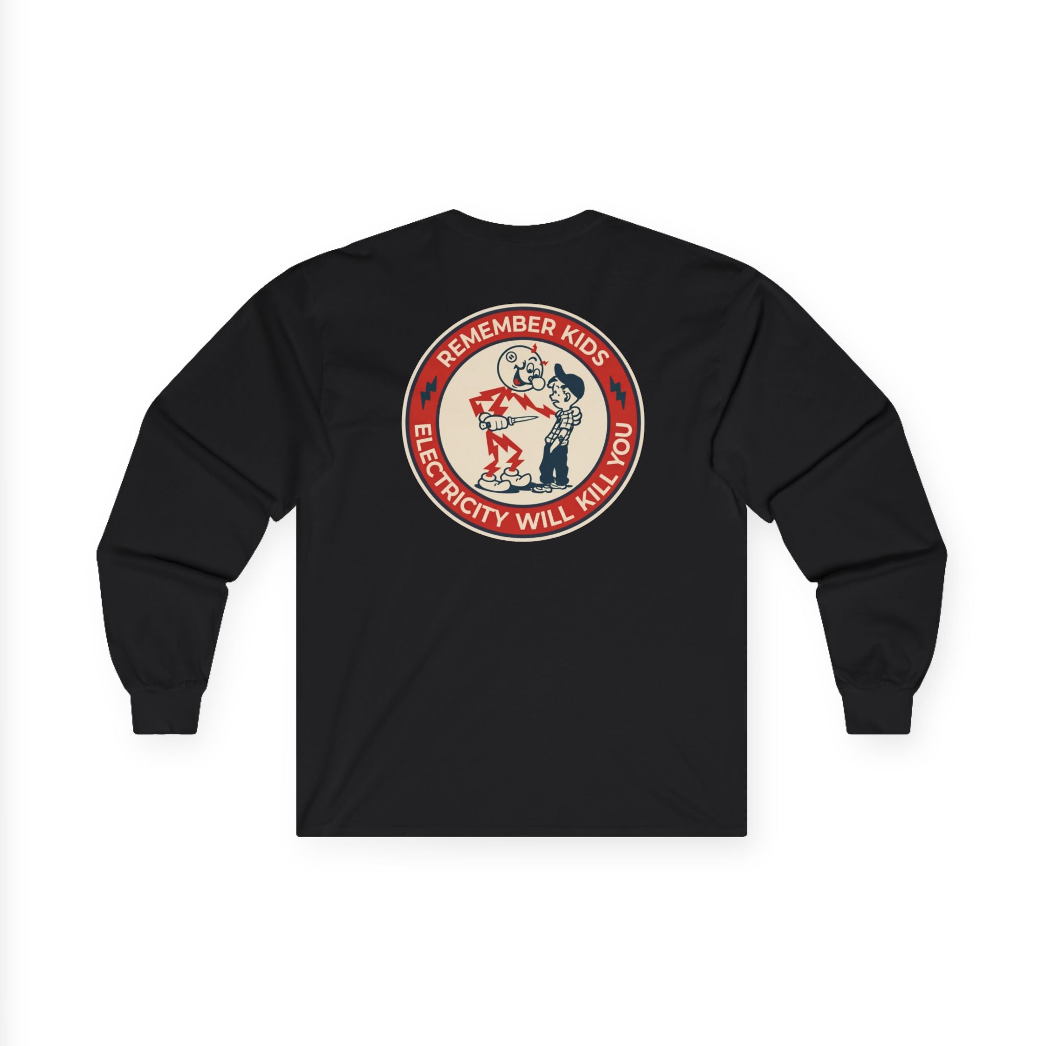 Black Reddy Kilowatt long sleeve shirt with vintage electrical trade back graphic