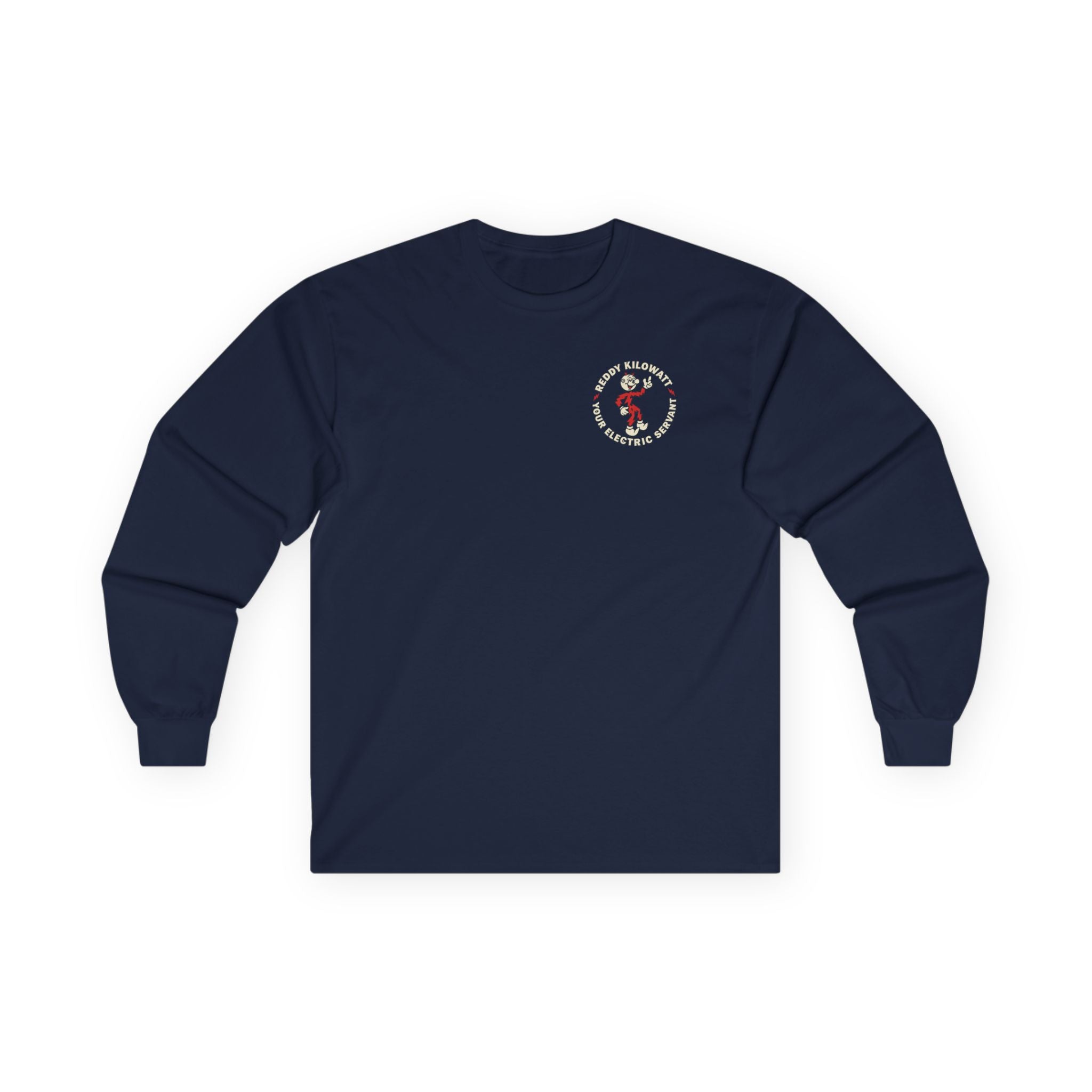 Navy Reddy Kilowatt long sleeve shirt for electricians linemen and utility workers