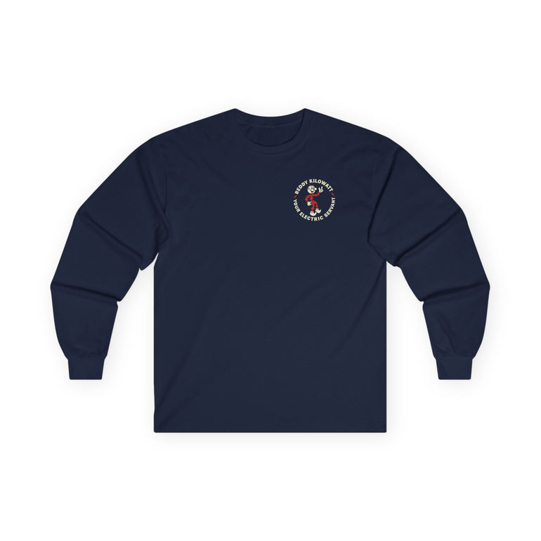 Navy Reddy Kilowatt long sleeve shirt for electricians linemen and utility workers
