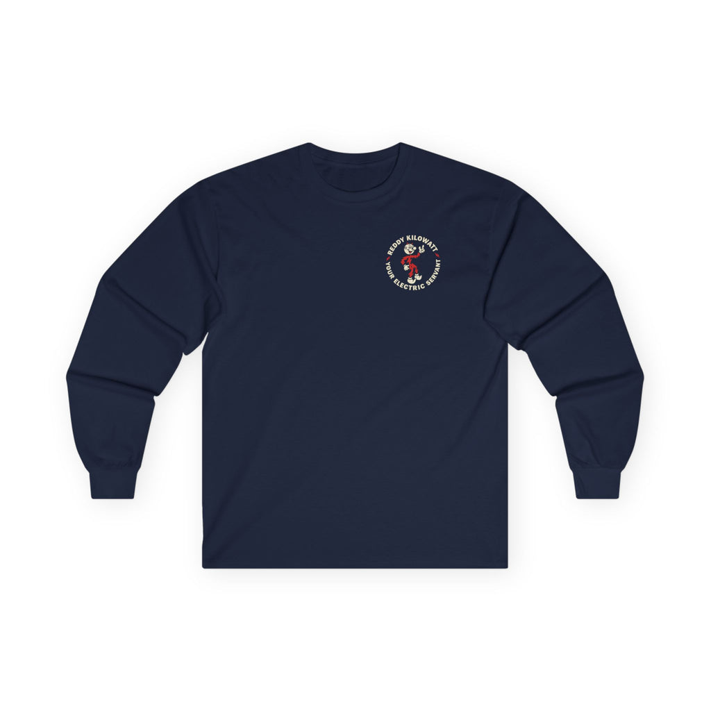 Navy Reddy Kilowatt long sleeve shirt for electricians linemen and utility workers
